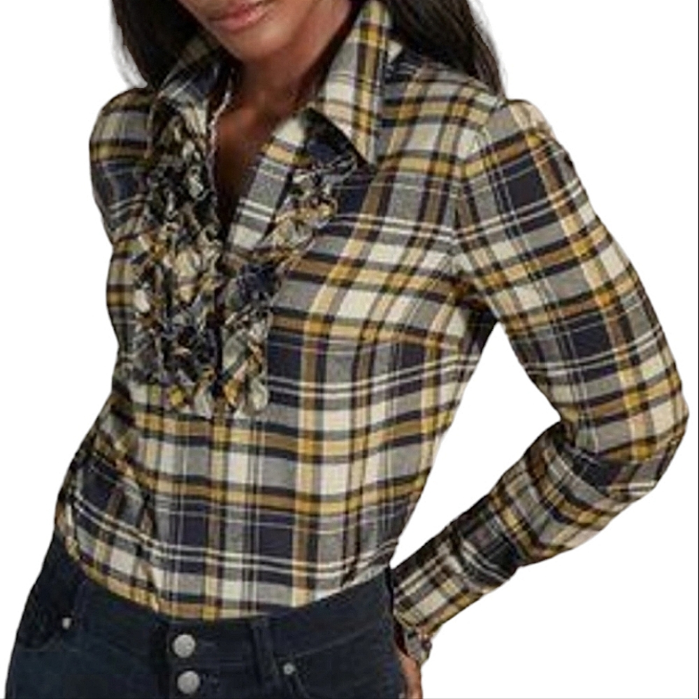 Cabi blue and yellow plaid flannel ruffle button down top XS